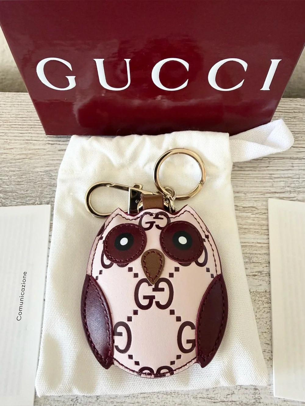 🦉 New Gucci GG Owl leather keychain, bag charm, light pink burgundy